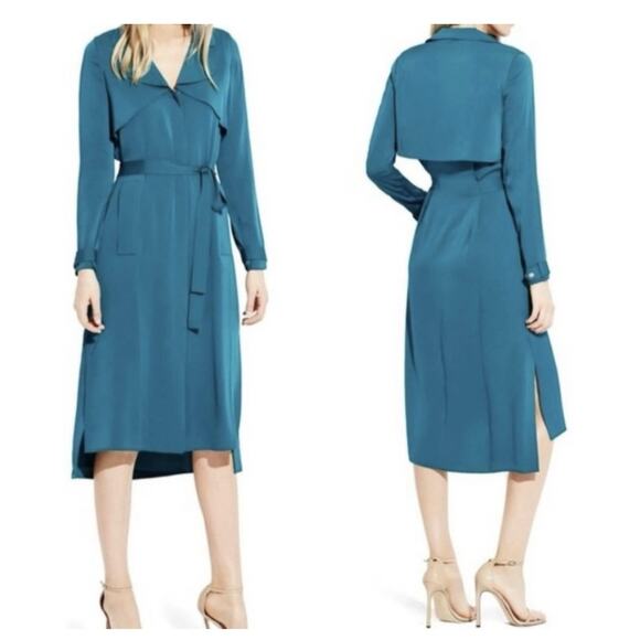 AYR Teal Blue Silk Long Sleeve Belted Midi Trench Dress Size 0 - Picture 1 of 15